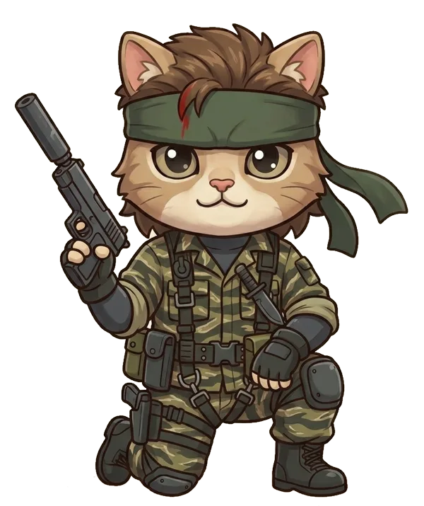 Solid Michi, un gatito agente con bandana y uniforme camuflado